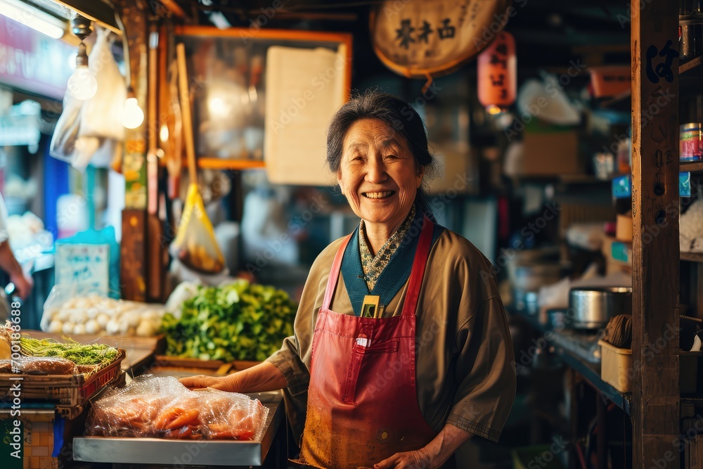 Portrait of happy japanese woman seller who is standing on his workplace in market, 