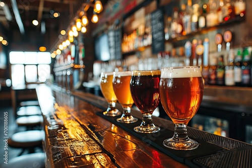 Fresh beers on top of a bar...
