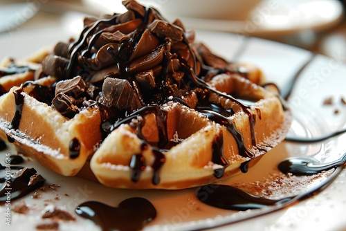 Delicious waffles with chocolate in a cafe photo