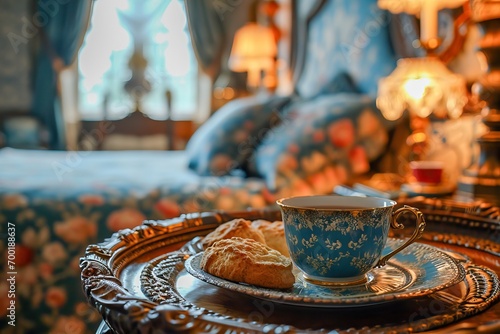 Tea and scones on a tray in...