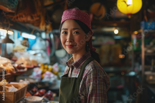 Portrait of happy japanese woman seller who is standing on his workplace in market,  © Jiwa_Visual