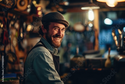 Portrait of happy man seller who is standing on his workplace in shop, 