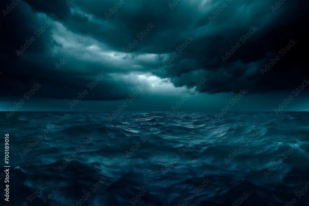 Generative Ai image of a horror black blue sky, sea haunted cloud, scary ocean, depression background, mystery gloomy dark theme, blur texture. - obrazy, fototapety, plakaty 