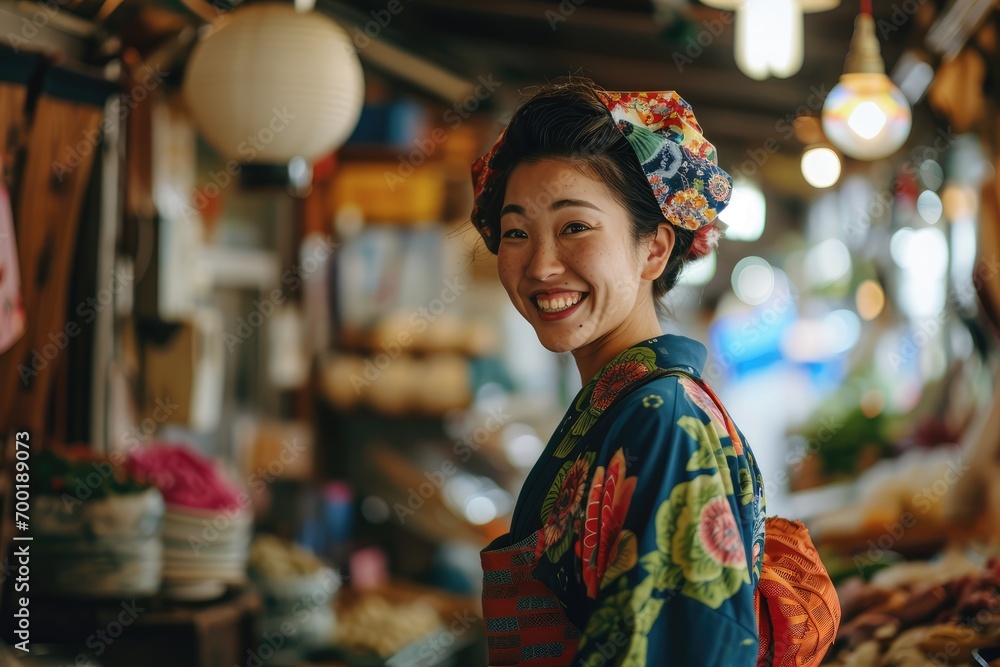 Portrait of happy japanese woman seller who is standing on his workplace in market, 