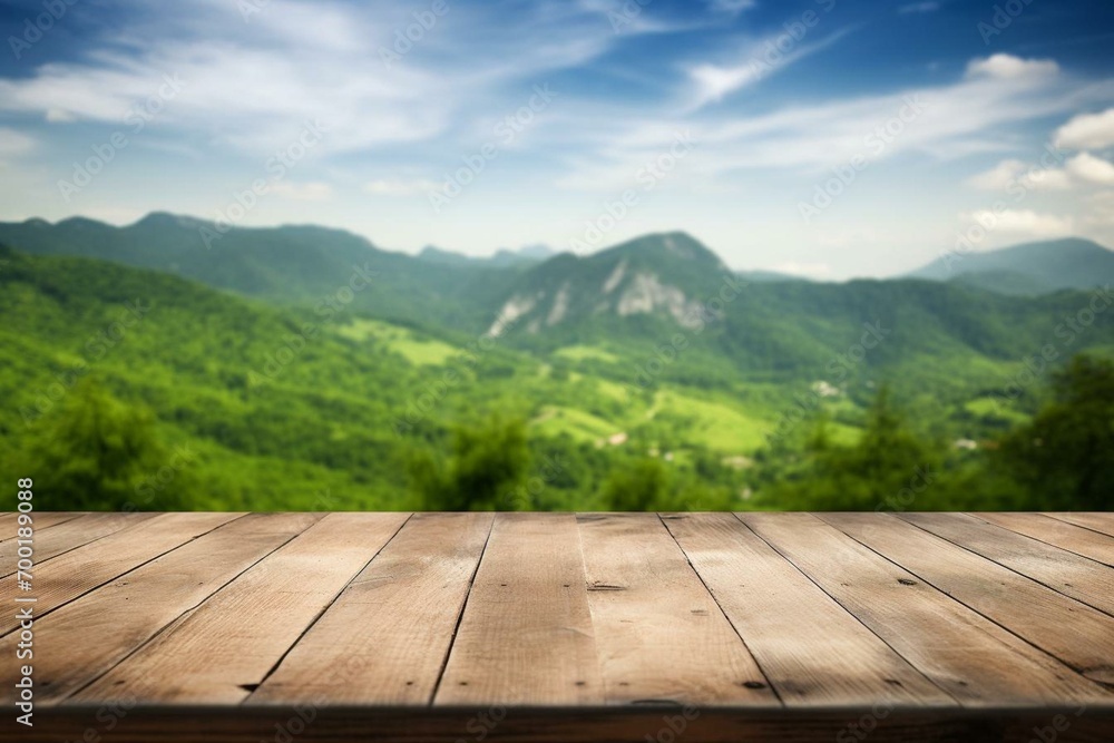 Wooden table with blurred green hills background. Generative AI Wooden table with blurred green hills background. Generative AI