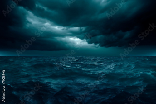 Generative Ai image of a horror black blue sky, sea haunted cloud, scary ocean, depression background, mystery gloomy dark theme, blur texture. © JoseLuis