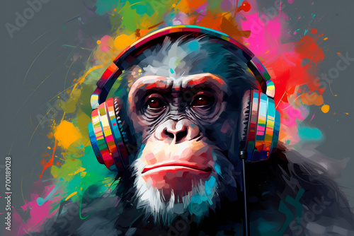 Generative Ai illustration of a portrait of a party monkey ape with headphones on a colorful abstract background