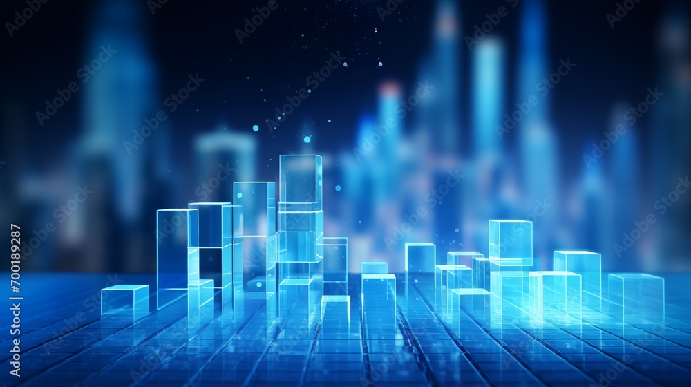 Glowing blue medical science background with blurred cityscape and transparent cubes
