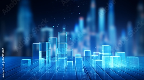 Glowing blue medical science background with blurred cityscape and transparent cubes photo