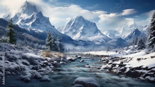Panorama landscape of mountain river in winter with snow and ice © Barosanu