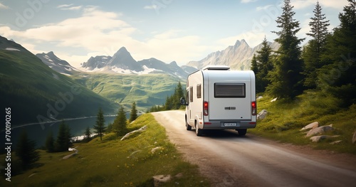 a white rv on a road with mountains and trees