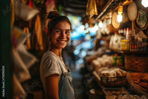 Portrait of happy woman seller who is standing on his workplace in shop, 