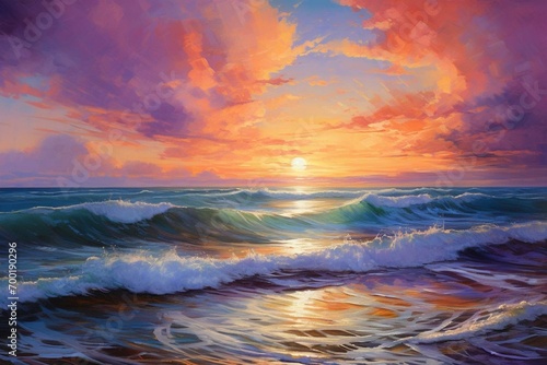 A seascape painting capturing a vibrant sunset  crashing waves  cloudy sky  and a serene beach. Generative AI