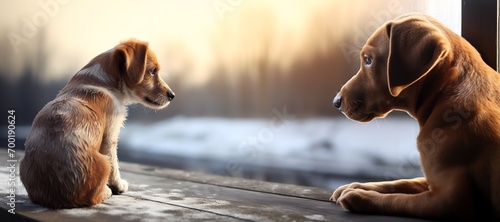 two dogs looking at each other photo
