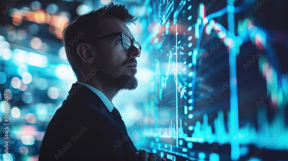 The investor with a digital chart on the background The investor with a digital chart on the background