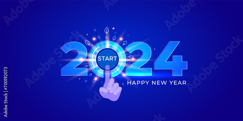 Vector illustration of 2024 new year futuristic, modern green technology concept. 2024 number with start button and hand.