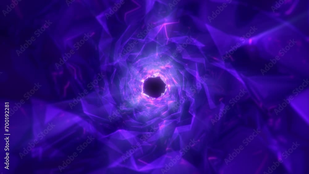 Shiny glowing purple colored tunnel Background. Flying through abstract circular tunnel. Vortex tunnel. Futuristic wormhole. Abstract background with connecting dots and lines. 4k 60 fps vj video loop