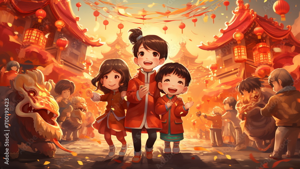 Chinese people are celebrating the Chinese new year with firecrackers, dragon and lion dances, Chinese new year concept Chinese people are celebrating the Chinese new year with firecrackers, dragon and lion dances, Chinese new year concept