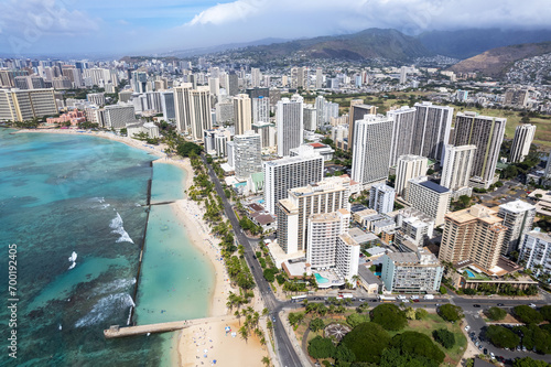 Overhead top view of man made Waikiki Beach in Honolulu, HI, showing it's wall wave barrier photo