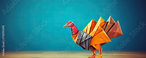 Colorful origami turkey isolated on blue background with copy space. Folded paper bird sculpture © Sabine
