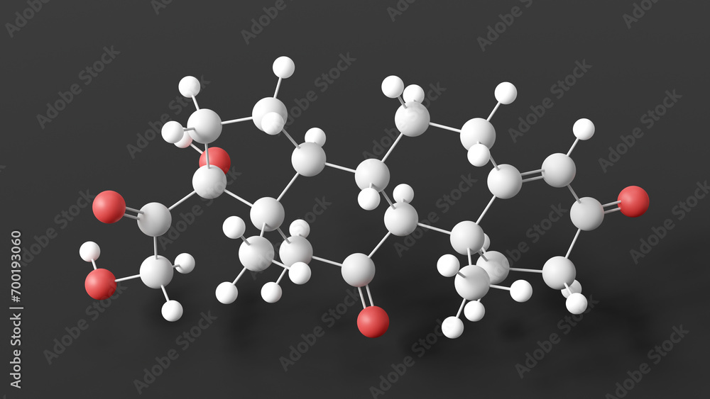 cortisone molecular structure, steroid hormone, ball and stick 3d model