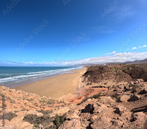 beach side cliffs in Morocco,Africa, empty sandy beach on awindy day in Moroccan coastline, nature