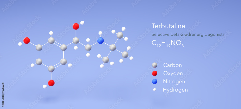 terbutaline molecule, molecular structures, bricanyl, 3d model, Structural Chemical Formula and Atoms with Color Coding terbutaline molecule, molecular structures, bricanyl, 3d model, Structural Chemical Formula and Atoms with Color Coding