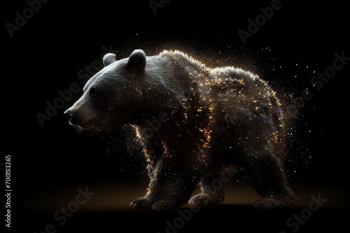 A shimmering image of a bear with distorted particles in motion. Generative AI photo