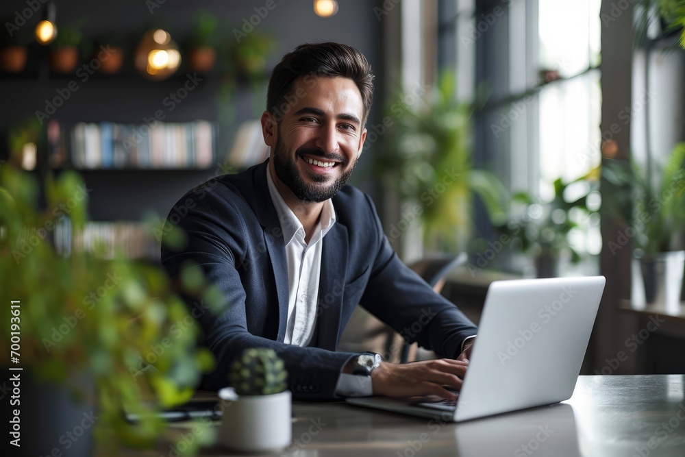 potrait of a Smiling business man executive sitting at desk using laptop, potrait of a Smiling business man executive sitting at desk using laptop,