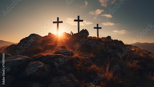 three crosses on top of hill with the sun gleaming behind them Generative AI