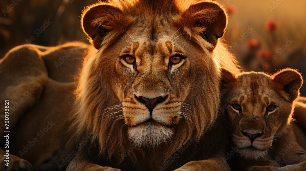 Closeup portrait of lion pride family in african savanna with adults and young