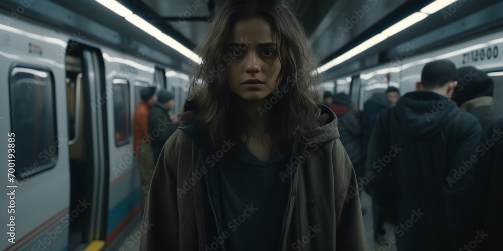Woman standing in front of a subway train, capturing a dynamic urban moment in a powerful and visually striking composition.