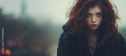 Close-up of a person with red hair, creating an atmospheric portrait that captures the intensity and uniqueness of the individual.