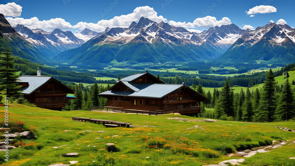 Landscape with a wooden house in the mountains. AI