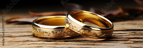 Two gold wedding rings are placed on a wooden table, symbolizing love and commitment. This asset is perfect for wedding invitations, anniversary cards, and romantic design Golden wedding rings on wood photo
