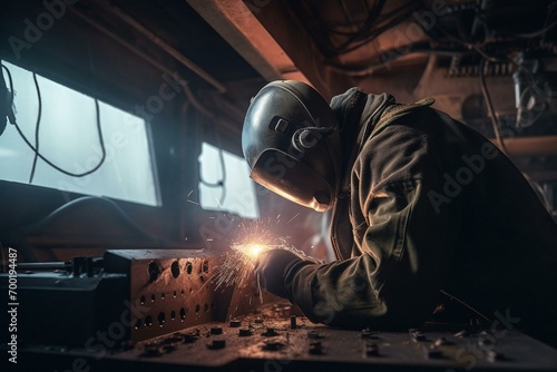 Welder completing shipbuilding by fusing steel hull parts. Generative AI