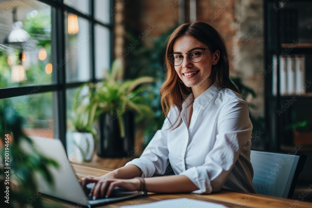 potrait of a Smiling business woman executive sitting at desk using laptop potrait of a Smiling business woman executive sitting at desk using laptop
