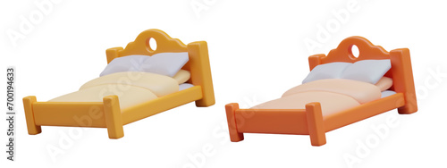 Composition with comfortable beds for couples. Wooden bedstead in yellow and orange colors. Home furniture concept. Vector illustration in 3d style with white background