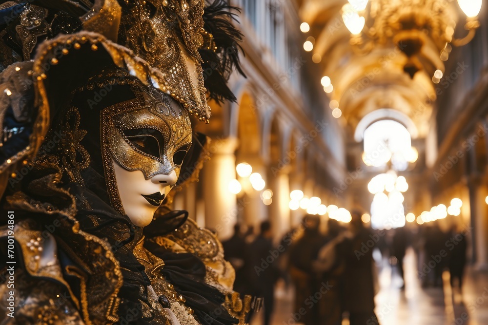 Lavish masquerade ball in an opulent palace with ornate costumes and