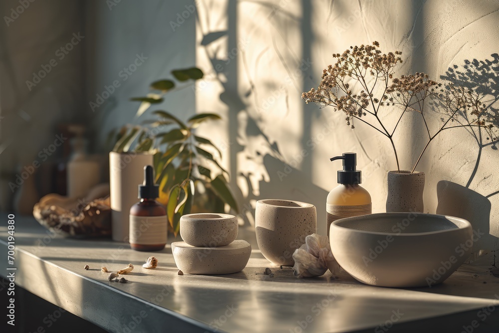 surreal mockup product for skincare, still life with a cup of tea and flowers
