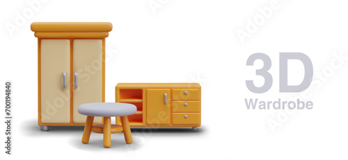 Composition with wardrobe, commode with different shelves and white tea table with wooden legs. Placard with white background and place for text. Vector illustration in 3d style