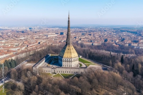 Aerial view of Mole Antonelliana in Turin. Generative AI photo