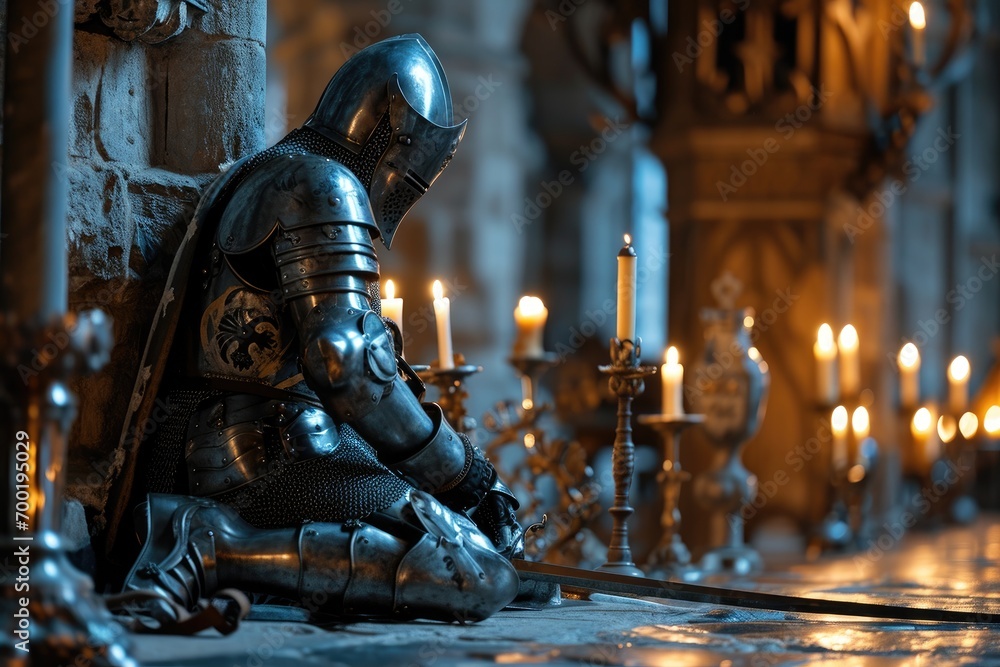 Medieval knight kneeling in prayer in a candlelit chapel, armor and sword beside him.