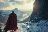 Medieval knight in a snowy landscape, red cape billowing, looking towards a distant mountain.