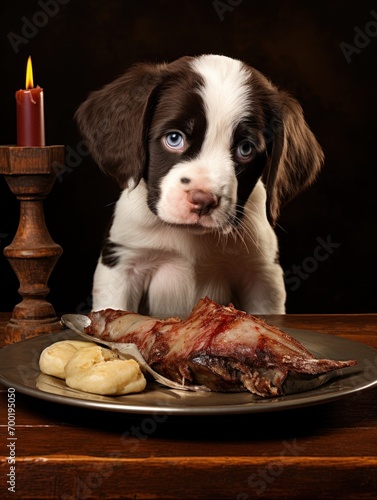 cute dog sitting at the dining table and eating a raw fresh meat closeup © Svetlana
