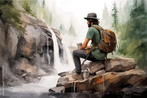 Tourist hipster with backpack in active trekking clothes sitting near mountain river waterfall