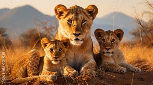 Closeup portrait of lion pride family in african savanna with adults and young