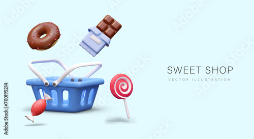 Advertisement of sweets in cartoon style. Concept of buying desserts, candies, chocolate bars. Creative banner on blue background. Realistic illustration