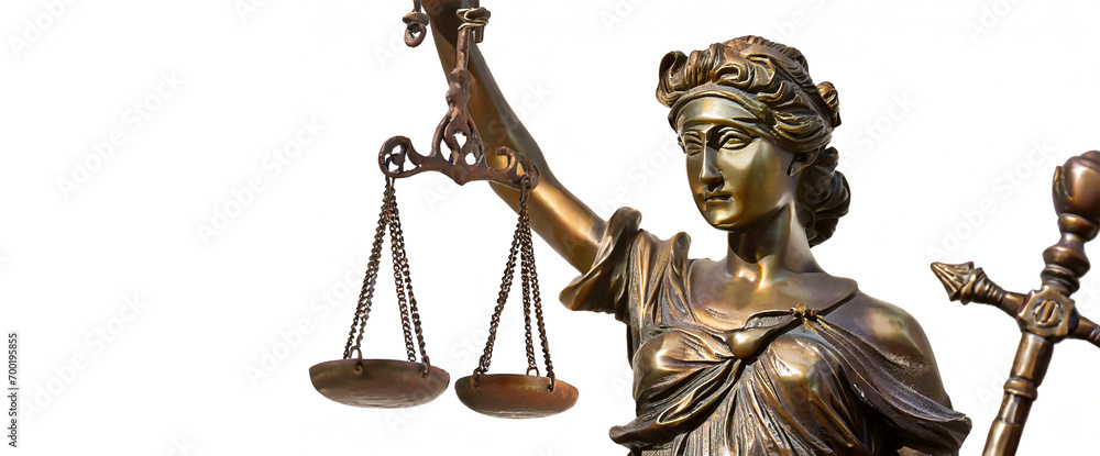 Closeup of the bronze statue of Themis, goddess of justice holding the scales of law and a sword, isolated on white background with copy space. Generative Ai.