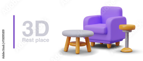 Poster with purple armchair and tea table near. Composition with different furniture for home. Models for online store. Vector illustration in 3d style